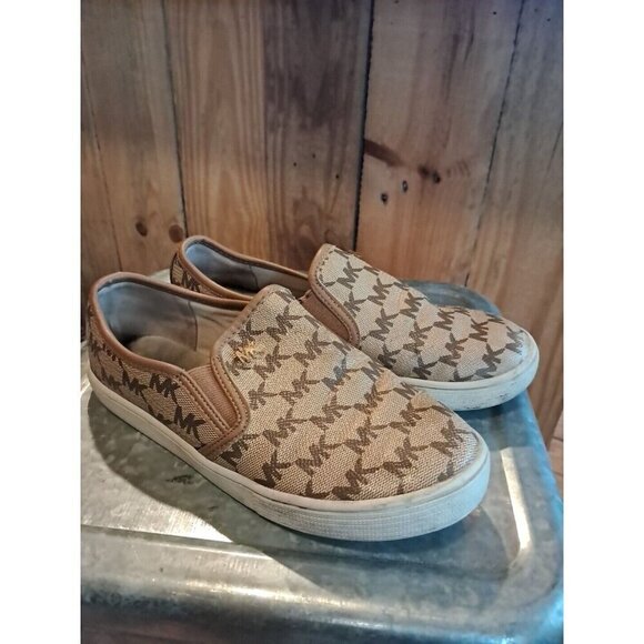 Michael Kors Kids Girls Slippers Shoes Logo Slip On Size 3 Tan and Brown - Picture 1 of 3